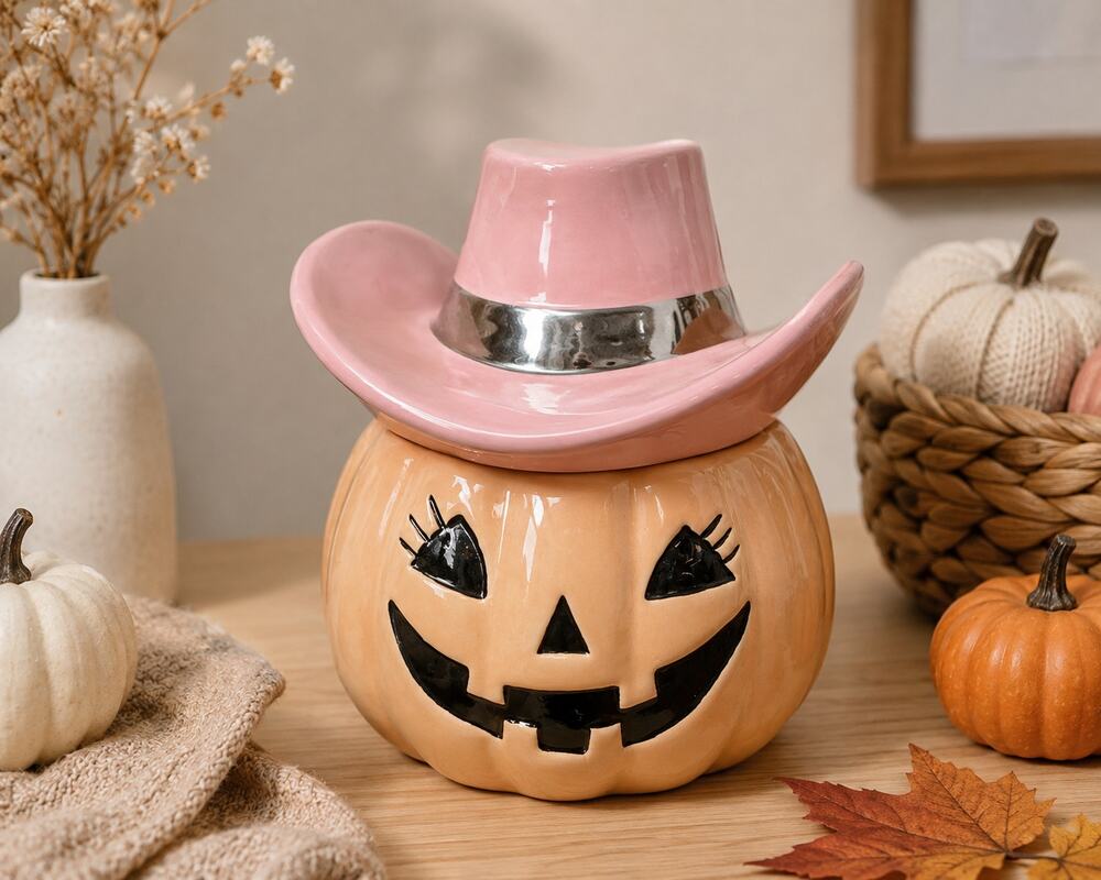 Pink Cowboy Hat Pumpkin Ceramic Canister Jack O Lantern Western Halloween Decor